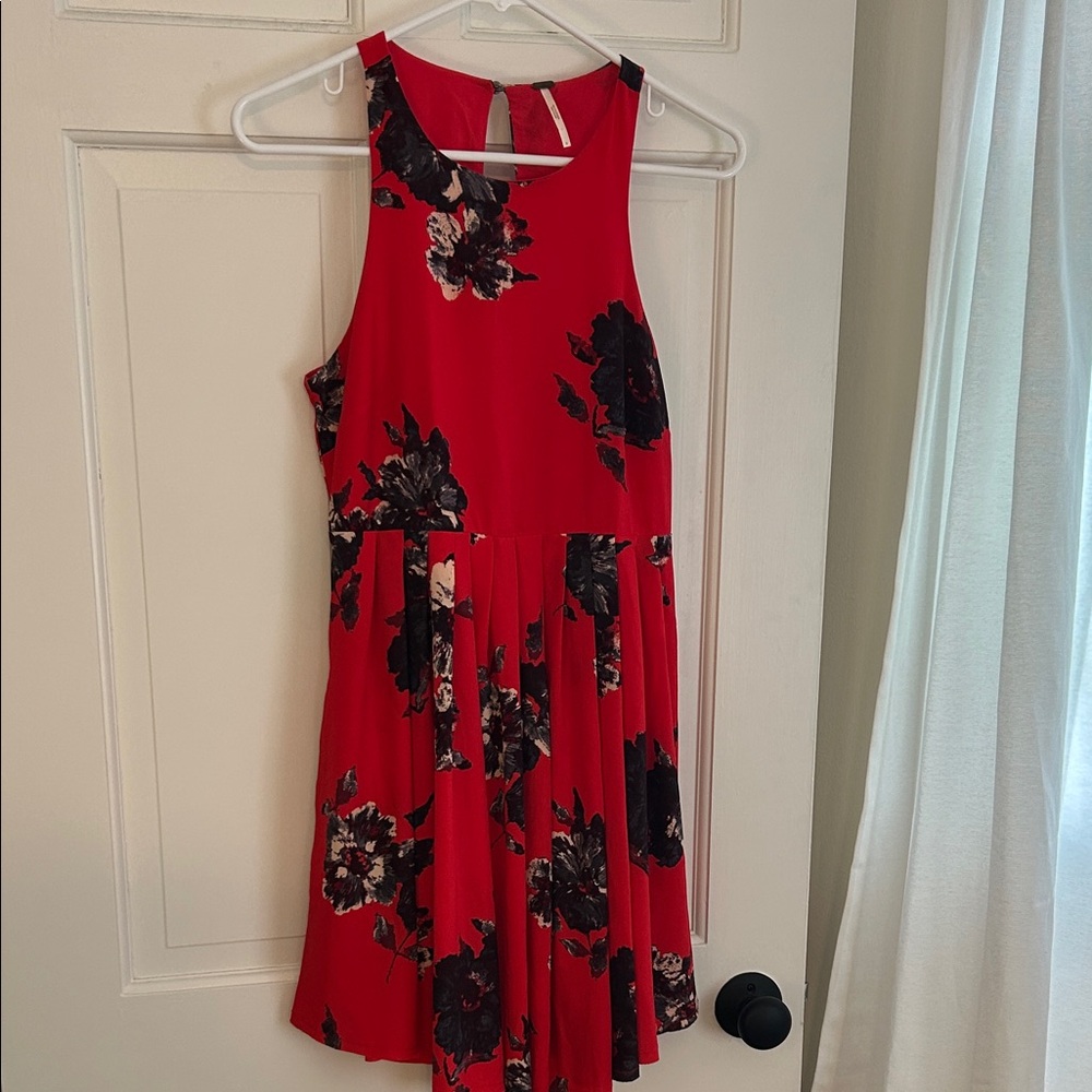 Free People Vibrant Red Dress with Black Floral Accents
